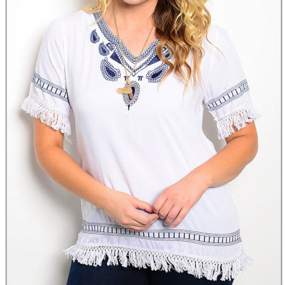 Embroidered White and Blue Women's Top